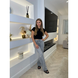 Black Pointelle Cropped T-Shirt