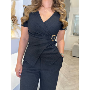 Black Crinkle Buckle Detail Wrap Lounge Set