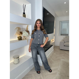 Grey Round Neck Knitted Button Top