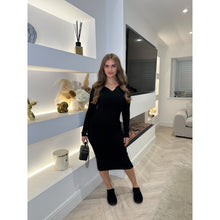 Black Collar Rib Knit Midi Dress