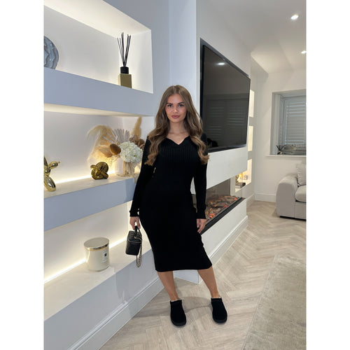 Black Collar Rib Knit Midi Dress