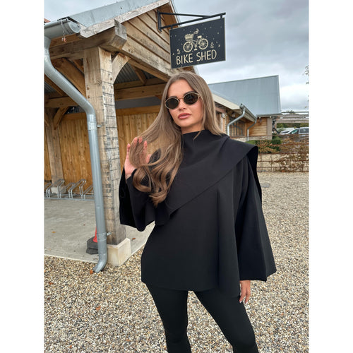 Black Scarf Detail Poncho Cape