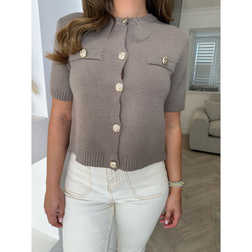 Taupe Round Neck Knitted Button Top