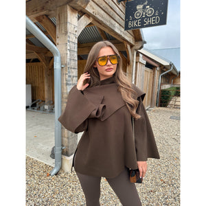 Chocolate Brown Scarf Detail Poncho Cape