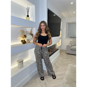 Beige & Black Zebra Print Wide Leg Trousers