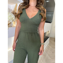 Khaki V Neck Crinkle Lace Trim Lounge Set