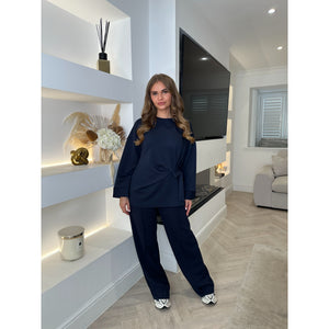 Navy Tie Detail Wide Sleeve Lounge Set