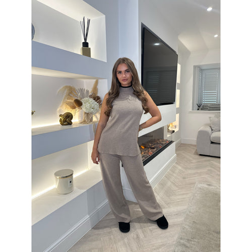 Taupe Contrast High Neck Lounge Set
