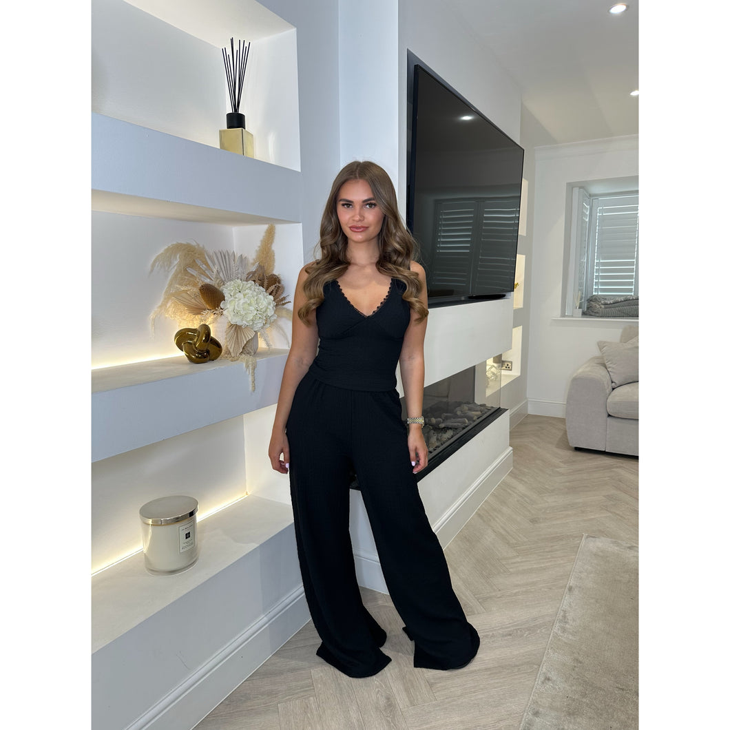 Black V Neck Crinkle Lace Trim Lounge Set