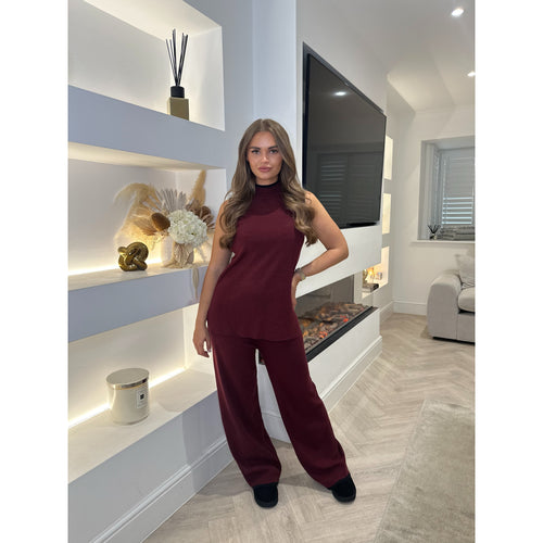 Burgundy Contrast High Neck Lounge Set