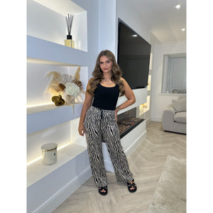 Beige & Black Zebra Print Wide Leg Trousers