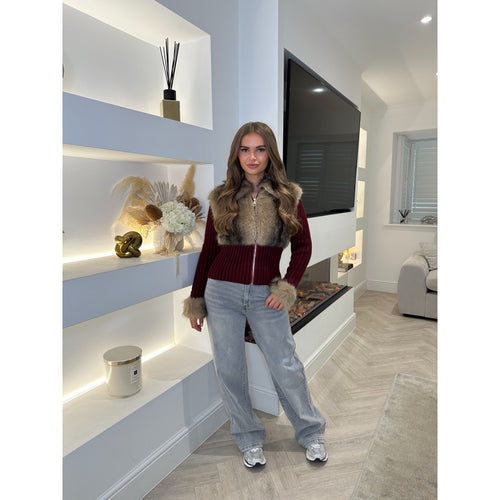 Burgundy Faux Fur Zip Knitted Cardigan