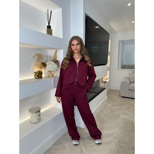 Burgundy Collared Zip Bubble Hem Lounge Set