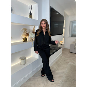 Black Collared Zip Bubble Hem Lounge Set