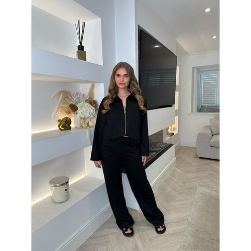 Black Collared Zip Bubble Hem Lounge Set