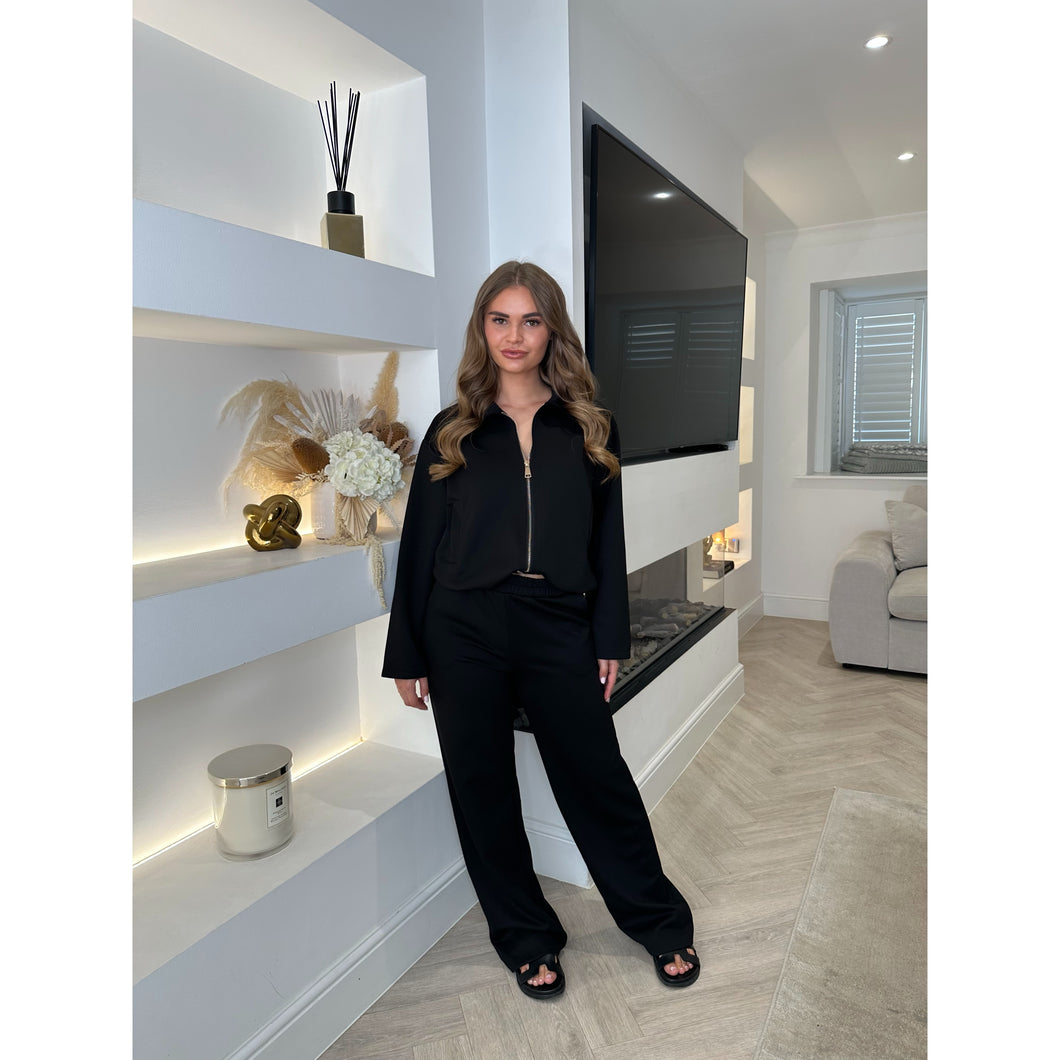 Black Collared Zip Bubble Hem Lounge Set
