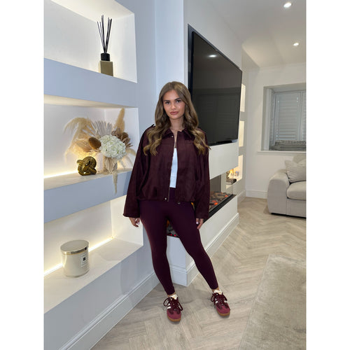 Burgundy Oversized Faux Suede Bomber Jacket
