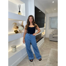 Mid Denim Drawstring Waist Wide Leg Jeans