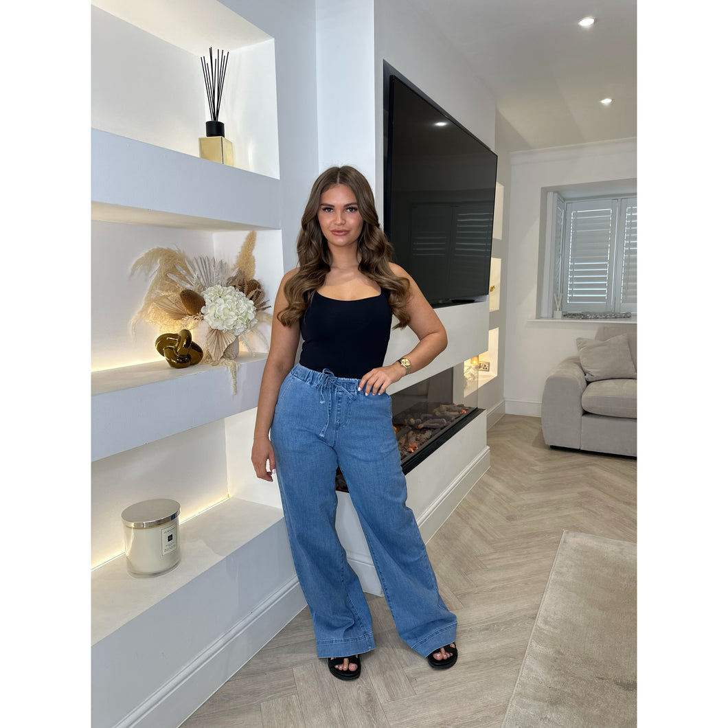 Mid Denim Drawstring Waist Wide Leg Jeans