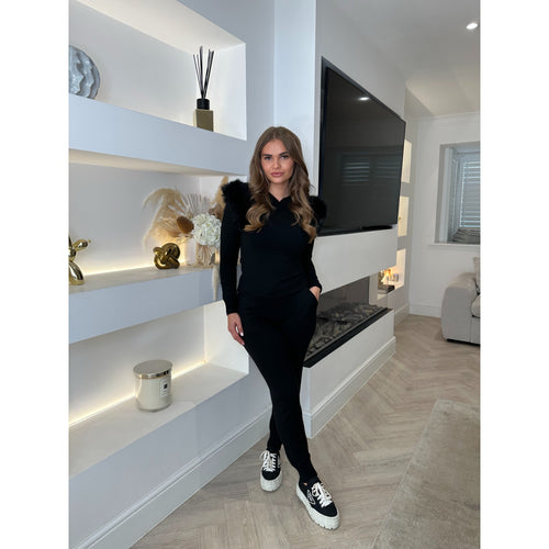 Black Faux Fur Detail Knit Hooded Tracksuit