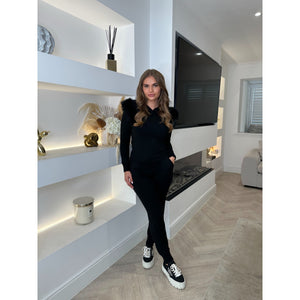 Black Faux Fur Detail Knit Hooded Tracksuit