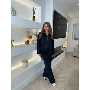 Navy Collared Zip Bubble Hem Lounge Set
