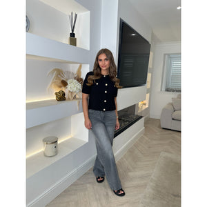 Black Round Neck Knitted Button Top