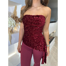 Burgundy Asymmetric Drape Sequin Strapless Top