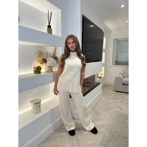 Cream Contrast High Neck Lounge Set