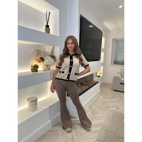 Taupe Contrast Trim Button Knitted Top