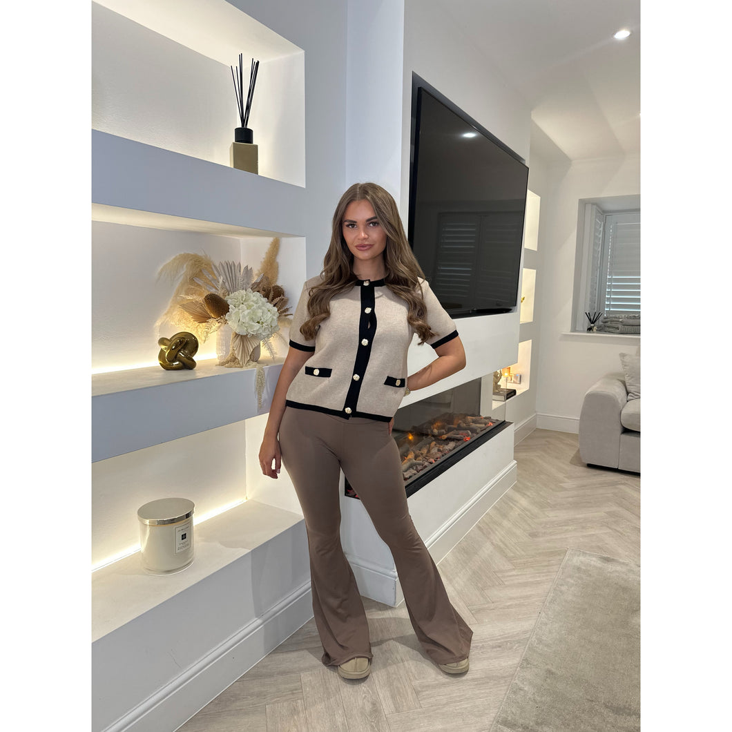 Taupe Contrast Trim Button Knitted Top