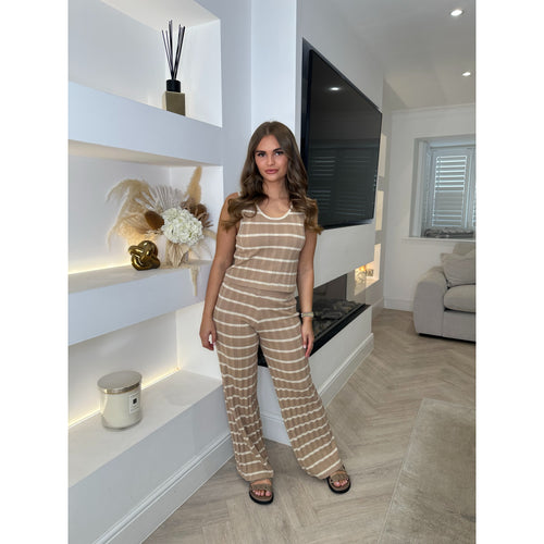 Camel & Cream Crochet Stripe Wide Leg Set