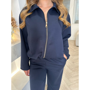 Navy Collared Zip Bubble Hem Lounge Set