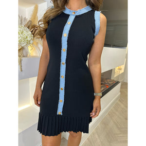 Black Denim Trim Pleated Hem Dress