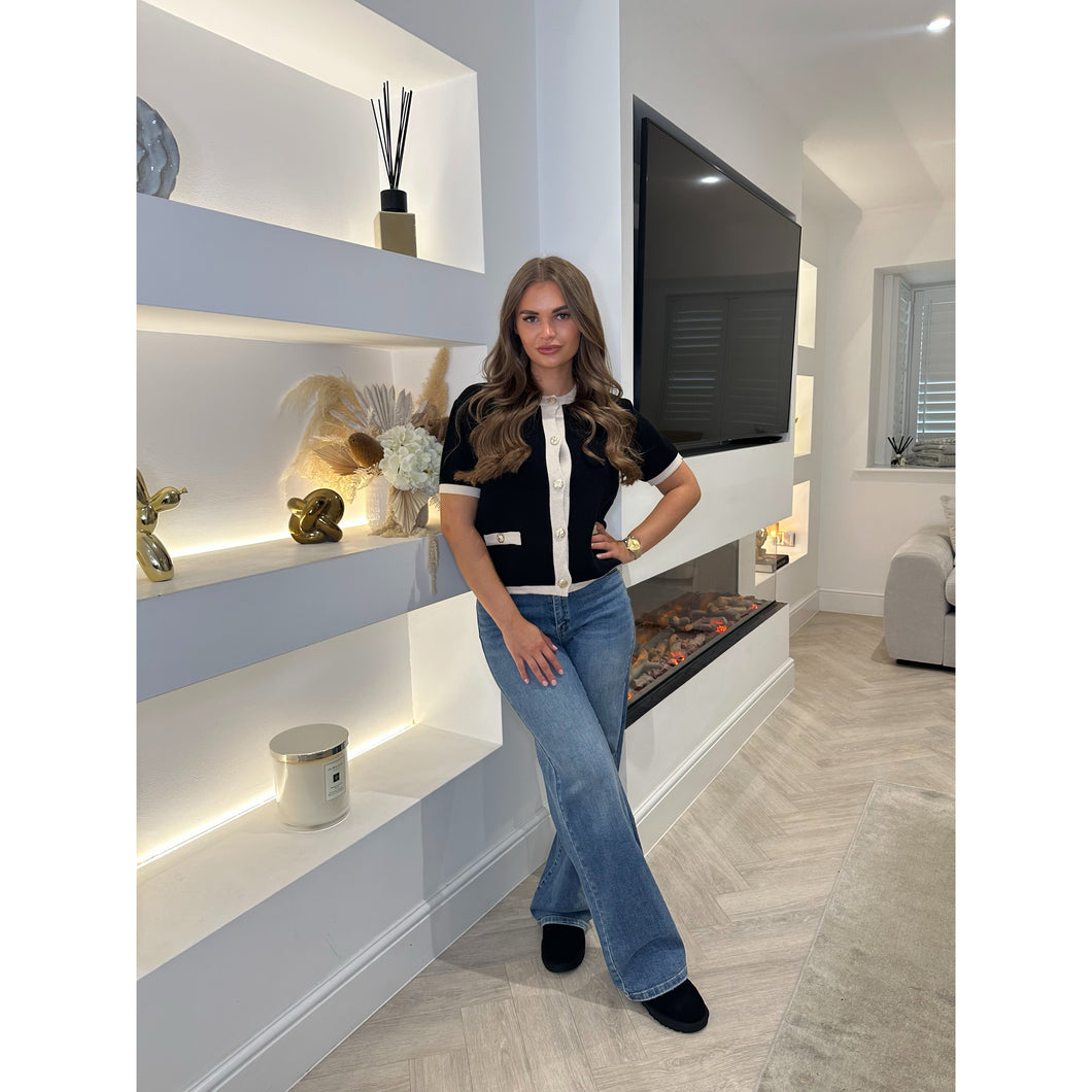 Black Contrast Trim Button Knitted Top