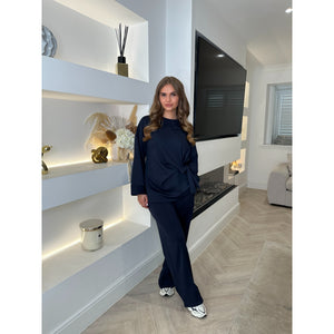 Navy Tie Detail Wide Sleeve Lounge Set