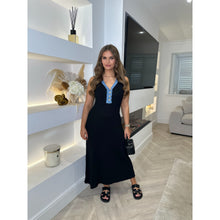 Black Denim Trim Button Detail Midi Dress
