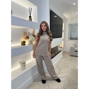 Taupe Contrast High Neck Lounge Set