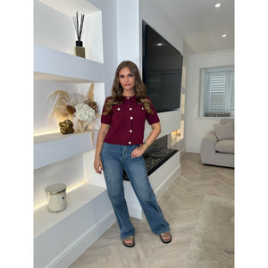 Burgundy Round Neck Knitted Button Top