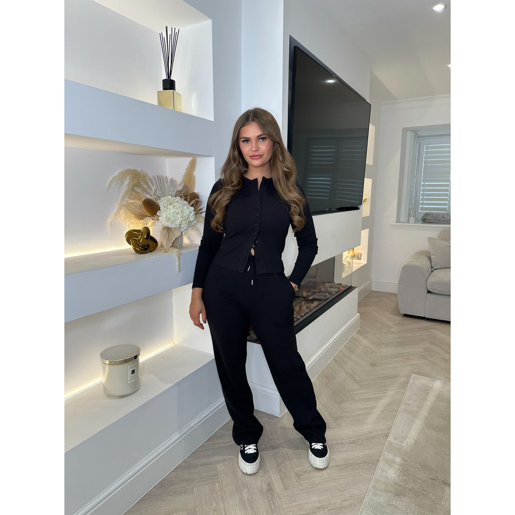 Black Ribbed Button Wide Leg Lounge Set