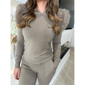 Mocha Faux Fur Detail Knit Hooded Tracksuit