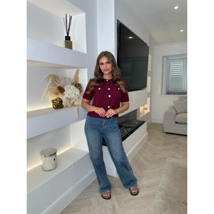 Burgundy Round Neck Knitted Button Top