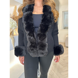 Black Faux Fur Drawstring Knitted Cardigan