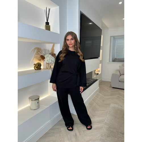 Black Tie Detail Wide Sleeve Lounge Set