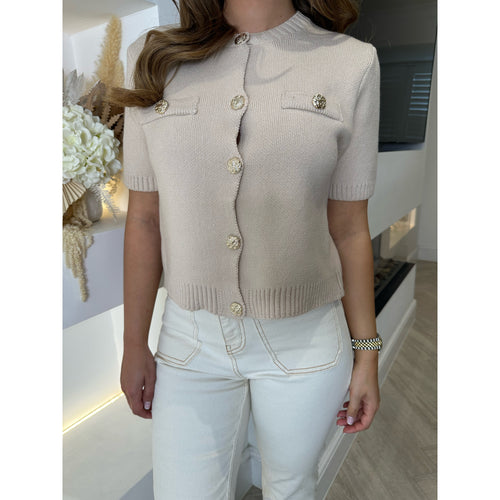 Beige Round Neck Knitted Button Top