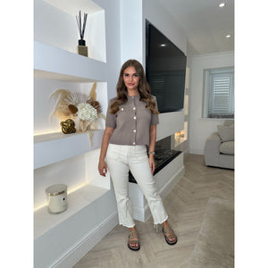 Taupe Round Neck Knitted Button Top