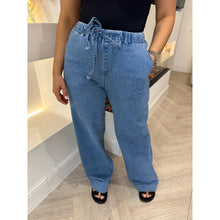 Mid Denim Drawstring Waist Wide Leg Jeans