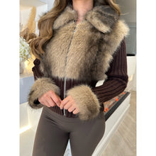 Coffee Faux Fur Zip Knitted Cardigan