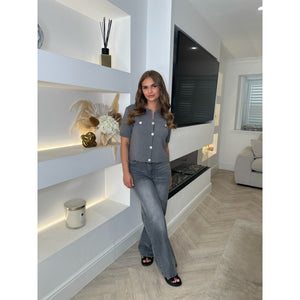 Grey Round Neck Knitted Button Top