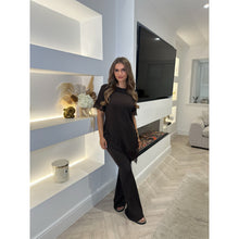 Chocolate Brown Lace Trim Asymmetric Crinkle Lounge Set